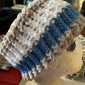 Cozy Knit Women's Ear Warmer in Blue, White, and Grey